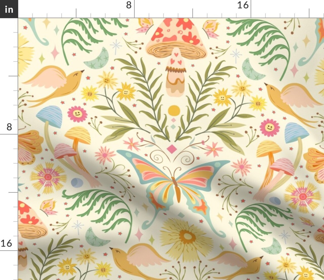 Woodland Damask Bright Pastels Pale Yellow Spring Floral Botanical Butterfly Colorful Cheerful Custom Printed Fabric by Spoonflower Various Fabrics by the Yard or Fat Quarter